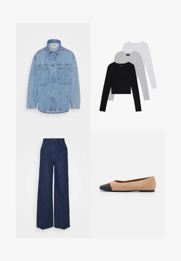 Lys blå denim skjortejakke med krage, frontlukking med knapper, to brystlommer og lange ermer. Teksturert stoff, rett nederkant.; Tre lange ermer t-skjorter stablet: svart, grå og hvit. Hver har en rund hals og et kort design med glatt, lett stoff.; Mørkeblå vidde jeans med høy midje, med beltehemper, glidelås foran og subtile sømdetaljer. Laget av denimstoff.; Beige semsket ballettsko med svart lær rund tåhette, lav hæl og glatt tekstur, med minimal søm og et rent design.