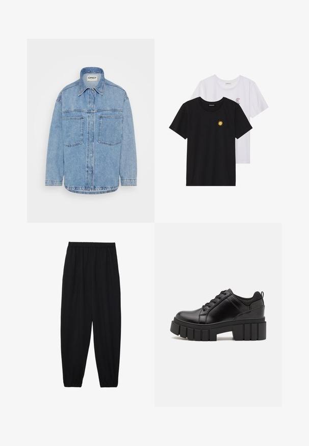 Világoskék farmer ingdzseki, gallérral, elülső gombos záródással, két mellzsebbel és hosszú ujjal. Textúrált anyag, egyenes alsó szegély.; Fekete és fehér T-shirtok, kerek nyakkivágással, rövid ujjakkal. A fekete pólón sárga nap hímzés található; a fehér póló lila félhold díszítéssel rendelkezik.; Fekete, könnyű nadrág elasztikus derékkal és ráncolt bokákkal. Az anyag sima és laza, szűkített dizájnnal rendelkezik.; Fekete bőr platform cipők vaskos blokk sarkakkal, kerek orral és hagyományos fűzős kialakítással. Simára csiszolt felület és minimális részletezés jellemzi.
