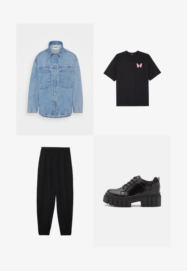 Veste en denim bleu clair avec col, fermeture à boutons sur le devant, deux poches poitrine et manches longues. Tissu texturé, ourlet droit.; T-shirt en coton noir à manches courtes, avec un petit graphique de papillon rose sur la poitrine gauche. Modèle à col rond avec une coupe décontractée.; Pantalons noirs légers avec une taille élastique et des chevilles froncées. Le tissu est lisse et présente un design décontracté et fuselé.; Chaussures à plateforme en cuir noir avec un talon bloc épais, bout rond et un design traditionnel à lacets. Elles présentent une texture lisse et un détail minimal.