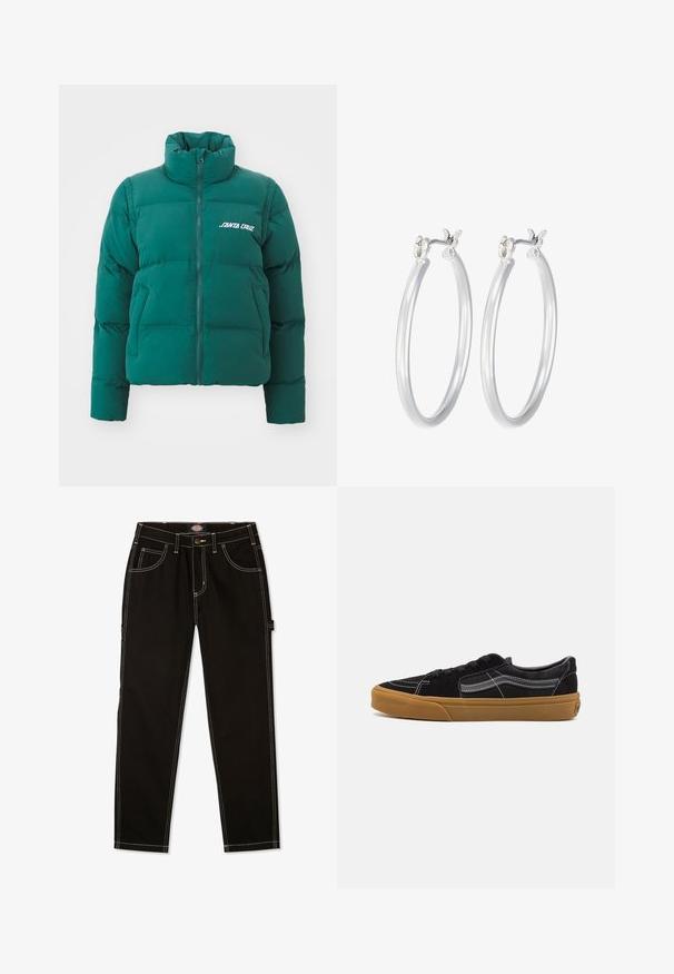 Zelená púzdrová bunda s vysokým golierom, predným zipsom a vypchávkovým dizajnom. Obsahuje logo na ľavej hrudi a dve bočné vrecká. Hladká textúra.; Biely rebrovaný top s dlhým rukávom a okrúhlym výstrihom. Vyrobený z pružného materiálu, ktorý obopína telo. Obsahuje jemné horizontálne pruhy.; Čierne denimové nohavice s kontrastným bielym šitím, piatimi vreckami a tenkou páskou na boku. Štandardný strih, rovný strih nohavíc.; Čierne semišové tenisky s bielym prešívaním a podpisovou bočnou pruhou, s tan gumovou podrážkou a nízkym dizajnom. S šnúrkami v čiernej farbe.; Strieborné kruhové náušnice s hladkým, lesklým povrchom. Kolový tvar a bezpečné klikanie na uzatváranie. Ľahký dizajn vhodný na každodenné nosenie.