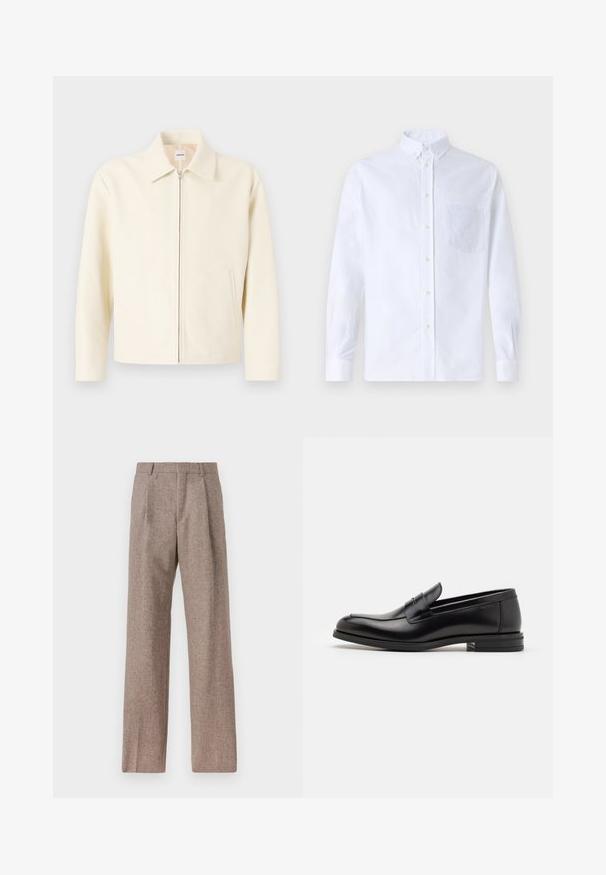 Giacca color crema con colletto strutturato, zip frontale e tasche laterali. Realizzata in materiale liscio, presenta un design minimalista.; Camicia bianca a maniche lunghe con bottoni, realizzata in cotone, caratterizzata da una tasca sul petto con ricamo tonale, colletto e polsini con bottoni.; Pantaloni marroni a vita alta realizzati in tessuto testurizzato. Presentano gambe ampie e due pieghe frontali per struttura. Rifinitura curata senza hardware visibile.; Mocassini neri in pelle con una texture liscia, punta arrotondata e una striscia decorativa sulla tomaia. Tacco basso impilato, design minimalista.