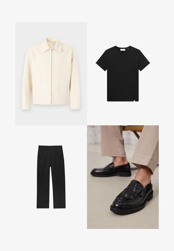 Krém színű dzseki, strukturált gallérral, elülső cipzárral és oldalsó zsebekkel. Simább anyagból készült, minimalista dizájnnal.; Fekete rövid ujjú pamut póló, kerek nyakkal és egy kis géppel hímzett logóval a mellrészen. Sima tapintás, szabványos illeszkedés.; Fekete nadrág egyenes szárú kialakítással, sima anyagból készült. Elöl redők és egy gombos záródás található a derékon.; Fekete bőr loaferek sima felülettel, díszítő pánttal és kontrasztos varrással, bézs nadrággal párosítva.