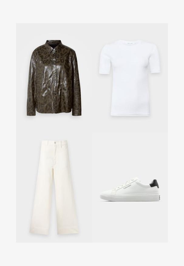 Veste en cuir vert foncé avec finition brillante, fermeture à boutons, col pointu et motif léopard marron. Comprend deux poches avant.; T-shirt blanc à manches courtes en coton. Il présente un col rond et une texture lisse, avec des coutures minimales visibles à l'ourlet.; Pantalons large en coton beige clair. Dotés d'une taille haute, de poches latérales et d'une coupe droite. Finition ourlet propre sans motifs.; Sneaker blanche avec une finition lisse, accent noir au talon et design à lacets. Présente le logo "Calvin Klein" sur le côté. Style minimaliste.