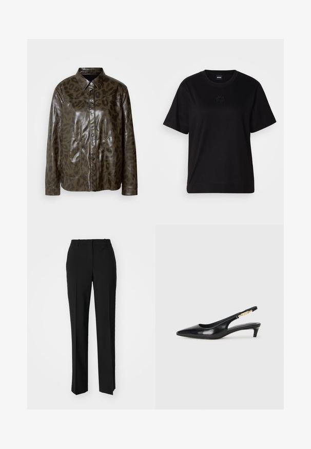 Tumši zaļa ādas jaka ar spīdīgu apdari, pogu aizdare, virsotnes apkakle un brūns leopardu raksts. Iekļauj divas priekšējās kabatas.; Melna kokvilnas T-krekls ar apaļu izgriezumu, īsām piedurknēm un izšūtu logotipu uz krūtīm. Vienkāršs, brīvs piegriezums bez rakstiem.; Melnas pielāgotas bikses ar taisnu kāju dizainu, kas raksturojas ar gludu faktūru un asiem krokām pa priekšu. Nav redzamu metāla detaļu.; Melnas ādas slingback zābaki ar smailu purngalu, ar šauru papēdi un zelta krāsas akcentu uz regulējama siksniņas. Gluda tekstūra.