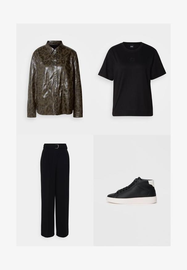 Tummanvihreä nahkatakki, jossa on kiiltävä pinta, napitus, terävä kaulus ja ruskea leopardi-kuvio. Takissa on kaksi etutaskua.; Musta puuvillapaita, jossa on pyöreä kaula-aukko, lyhyet hihat ja brodeerattu logo rinnassa. Yksinkertainen, rento istuvuus ilman kuvioita.; Mustat räätälöidyt housut, joissa on leveä lahkeensilhuetti, vyö hopeasoljella, laskokset ja sileä kankaan tekstuuri.; Musta korkeavartinen tennari, joka on valmistettu sileästä nahasta ja jossa on valkoinen kumipohja. Kenkässä on pyöreät nauhat, pehmustettu nilkkaosa ja kontrastivärinen kanta.