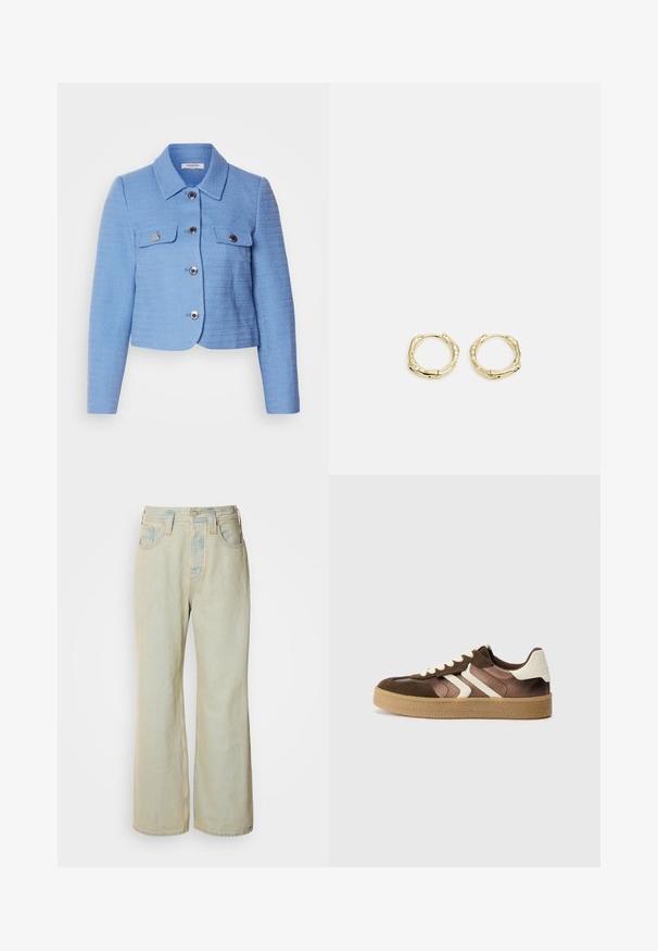 Lyhennetty sininen takki teksturoidusta kankaasta, joka sisältää kauluksen, hopeiset napit ja kaksi etutaskua läpillä.; Musta hihaton paita, joka on valmistettu pehmeästä ja joustavasta kankaasta. Siinä on pyöreä kaula-aukko ja leveät olkaimet, muotoiltu siluetti ja sileä rakenne.; Vaaleansiniset leveät farkut, joissa on korkea vyötärö, viisi taskua ja hienovarainen haalistuminen kontrastivärisin tikkauksin.; Ruskeat ja kermaiset tennarit, joissa on mokkanahka- ja satiinimateriaaleja, kolmena vinona nauhana ja teksturoitu kumipohja.; Kultaiset renkaat, joissa on teksturoitu, epäsäännöllinen muoto. Varustettu saumattomalla suljinnalla ja kiillotetulla pinnalla, mikä korostaa modernia muotoilua.