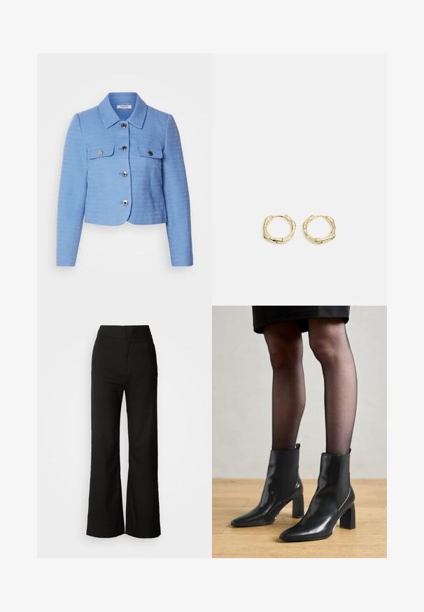 Lõigatud sinine jakk tekstureeritud kangast, millel on krae, hõbedased nupud ja kaks esist taskut klappidega.; Pikkade varrukatega T-särk, mis on sobiva kujuga ja valmistatud pehmest puuvillast. Omab horisontaalseid roosa ja valge triibusid ning laia kaelust.; Mustad laiad püksid sujuva tekstuuriga, kõrge vöökoht ja puhas disain. Ei ole nähtavaid taskuid ega dekoreerimist.; Mustad mustad jalanõud terava ninaga, paksu ruudukujulise kontsaga ja saleda disainiga. Omavad elastseid külgpaneele mugavaks selga tõmbamiseks.; Kuldsete rõngaskõrvarõngaste tekstuuriga, ebakorrapärane kuju. Omab sujuvat lukustust ja poleeritud pinnatöötlust, rõhutades kaasaegset disaini.