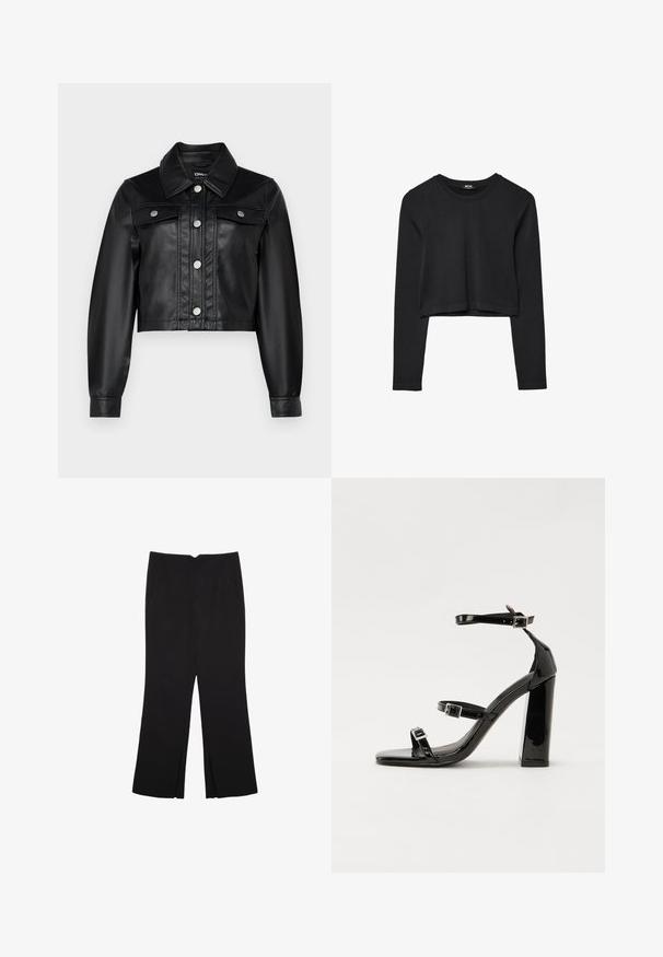 ONLY Petite ONLRIMA JACKET - Bunda z nepravej kože - black; Čierny dlhý rukáv skrátený top s okrúhlym výstrihom, jednofarebný dizajn a mierne zakrivený lem.; Čierne nohavice so strihom rovného strihu, s prednými vreckami a bočnými rozparkami na leme. Vyrobené z mäkkej, hladkej tkaniny. Vhodné na rôzne príležitosti.; Čierne lakované sandále na vysokom opätku s dvoma prackami, štvorcovou špičkou a hrubým blokovým opätkom, s hladkou, lesklou textúrou.