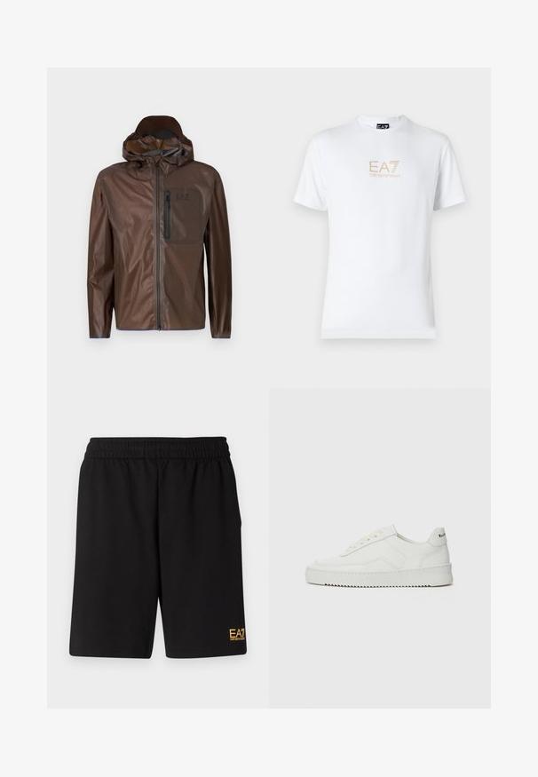 Brown waterproof jacket with a zip front, hood, and a chest pocket. Features smooth texture and minimalistic design with branding.; White cotton t-shirt featuring a round neckline and short sleeves, with a gold EA7 Emporio Armani logo printed on the front.; Black athletic shorts made of soft fabric,Featuring an elastic waistband and a small yellow EA7 logo on the lower left leg.; White leather sneaker with a smooth finish, round toe, flat laces, and a textured sole. Features a subtle logo on the heel.