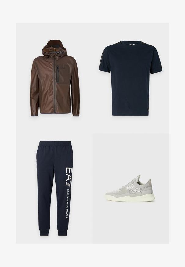 Καφέ αδιάβροχο μπουφάν με μπροστινό φερμουάρ, κουκούλα και τσέπη στο στήθος. Διαθέτει λεία υφή και μινιμαλιστικό σχέδιο με λογότυπο.; Μπλούζα ναυτικών χρωμάτων από βαμβάκι με κοντά μανίκια, στρογγυλή λαιμόκοψη και υφασμάτινες λεπτομέρειες στους ώμους. Λογότυπο στην κάτω αριστερή πλευρά.; Ναυτικό μπλε βαμβακερές φόρμες με ελαστική μέση, τετραγωνισμένα πόδια και αντίθετες λευκές εκτυπώσεις των λογότυπων EA7 και Emporio Armani κατά μήκος της πλευράς.; Γκρίζα αθλητικά παπούτσια με τμήματα από διχτυωτό υλικό και σουέτ, καουτσούκ σόλα και ανοιχτόχρωμες λεπτομέρειες. Διαθέτουν καμπυλωτό σχέδιο και υφασμάτινες υφές.