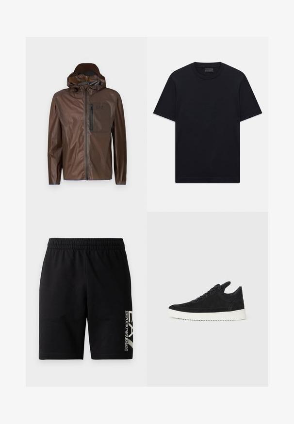 Brun vanntett jakke med glidelås foran, hette og brystlomme. Har glatt tekstur og minimalistisk design med merkevare.; Svart kortermet T-skjorte med rund hals og subtil preget logo-design sentrert på brystet, samt et merke inne i halsen.; EA7 Emporio Armani TRAIN VISIBILITY - Shorts - black/cream; Sorte semskede sneakers med hvit gummisåle, med tonale sømmer og snøring. Glatt tekstur med en moderne, strømlinjeformet form.