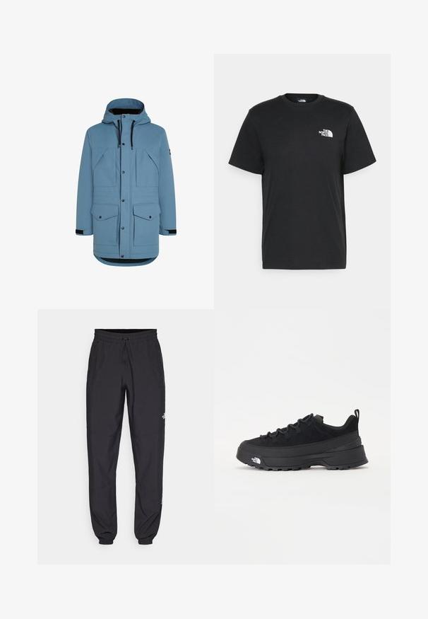 Šviesiai mėlynas žieminis striukė su gobtuvu, priekiniais snapeliais, juodomis raištelėmis ir keturiomis uždarojo tipo kišenėmis, pateikta balto fono.; Juoda medvilninė marškinė su trumpomis rankovėmis, apvaliu iškirpimu ir maža balta logo kairėje krūtinės pusėje. Paprastas dizainas, lygi tekstūra ir laisvas pritaikymas.; Juodos sportinės kelnės, pagamintos iš lengvos medžiagos, su raišteliu liemens srityje, šoniniais kišenėmis ir siaurėjantys apykaklės prie kulkšnies.; Juodas lauko sportinis batelis su zomšiniu viršumi, tekstūruota guma padais ir tvirtas raištelių sistema. Yra sustiprinta kulno dalis ir prekės ženklo logotipas šone.