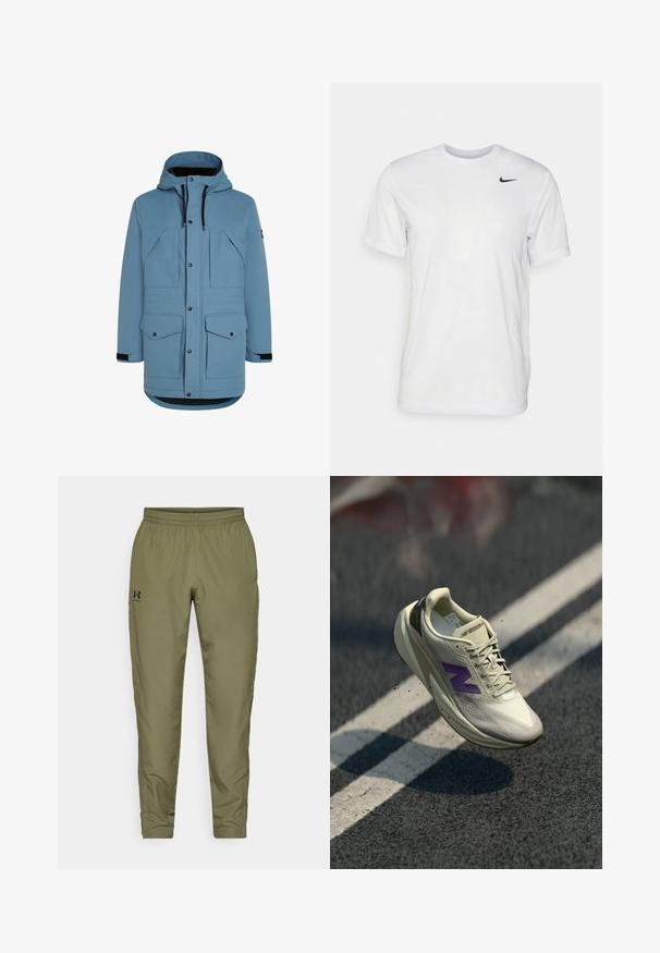 Svetlomodrá zimná bunda s kapucňou, prednými patentkami, čiernymi stiahnutiami a štyrmi vreckami s klopou, zobrazená na bielom pozadí.; Biela krátka tričko s krátkymi rukávmi vyrobené z hladkej látky. Má okrúhly výstrih a malé čierne logo Nike na ľavej hrudi.; Olivovo zelené športové nohavice s elastickým pásom, zužujúce sa nohy, hladká textúra a malé čierne logo na ľavej strane.; Svetlo krémová bežecká obuv s fialovým logom. Obsahuje textúrovaný zvršok, šnúrky a polstrovanú podrážku. Zvýšený dizajn s výrazným podpätkom.