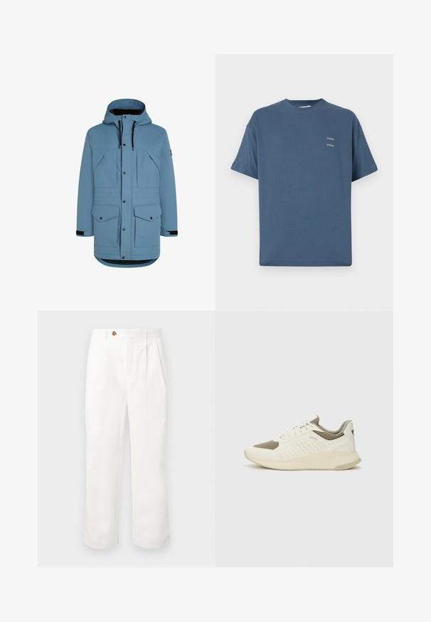 Gai zilganas ziemas jaka ar kapuci, priekšā ar spiedpogu aizdari, melnām auklām un četriem atloka kabatām, parādīta uz baltas fona.; Zilas kokvilnas T-krekls ar klasisku apaļu kaklu, īsām piedurknēm, brīvu piegriezumu un diviem maziem apdrukātiem logo uz krūtīm. Gluda tekstūra.; Baltie kokvilnas bikses ar taisnu piegriezumu, kas aprīkotas ar divām priekšējām krokām, vienu pogu aizdari un sānu kabatām. Gluda tekstūra.; Baltas un gaiši bež sporta apavi, ar sieta augšdaļu, perforētiem detaļām un teksturētu vidusdaļu ar zīmolu uz papēža.
