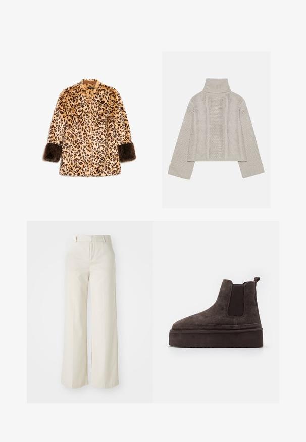 Kurtka z sztucznego futra w panterkę z długimi rękawami, brązowymi futrzanymi mankietami i zapięciem na guziki. Miękka tekstura i ciepły, jasnobeżowy kolor bazowy.; Skórzana szara sweter z wysokim kołnierzem i ściągaczami, z teksturowanymi wzorami w warkocze z tyłu i po bokach.; Spodnie o szerokich nogawkach w jasnobeżowym kolorze, wykonane z gładkiego materiału. Posiadają klasyczny pas i płaski przód z czystymi liniami.; Brązowe zamszowe botki typu Chelsea z elastycznymi bocznymi panelami i grubą, fakturowaną podeszwą platformową. Posiadają pętlę z tyłu dla łatwego zakładania.