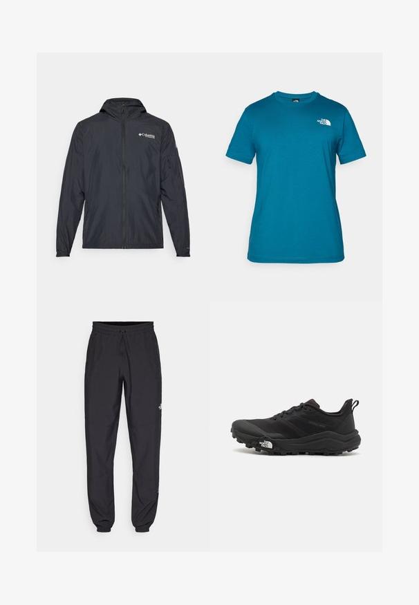 Lightweight black jacket with hood, zip closure, and Columbia logo. Features smooth texture and elastic cuffs for a snug fit.; Teal short-sleeve t-shirt made of soft cotton, featuring a white logo printed on the left chest and a classic crew neck design.; Black athletic pants made from lightweight fabric, featuring a drawstring waistband, side pockets, and tapered cuffs at the ankles.; Black trail running shoe with a textured upper, rubber sole, and reinforced toe cap. Features a padded collar and pull tab for easy wear.