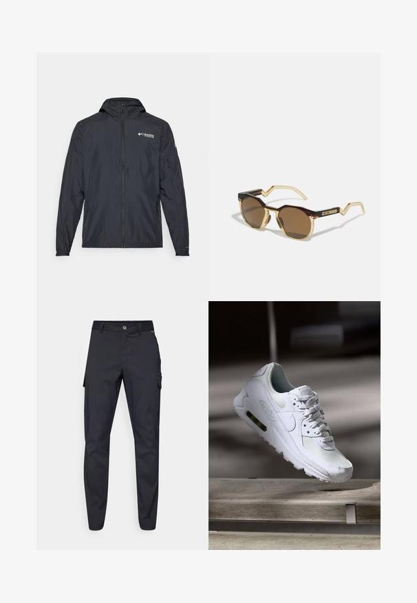 Kerge must kece, milles on kapuuts, tõmblukk ja Columbia logo. Omab siledat tekstuuri ja elastseid mansette, et istuda mugavalt.; Beige puuvillane t-särk lühikeste varrukatega, ümmarguse kaelusega ja väike must logo vasakul rinnal. Sile tekstuur, lõdva kujundusega.; Tumedad laevad, mis on valmistatud vastupidavast kangast, nupuga kinnitusega, viie taskuga ja kitsenevate jalgadega, millel on kerge tekstuur.; Valged Nike Air Max 90 sneakers, millel on võrkkangast ja nahast ülemine osa, aukudega varbadosa ning nähtav õhuüksus kandades.; Pruunid ümmargused prillid, millel on kilpkonnamustriline ja läbipaistev helekollane raam, nurgaotsad ja tekstuuriga detailid templitel.