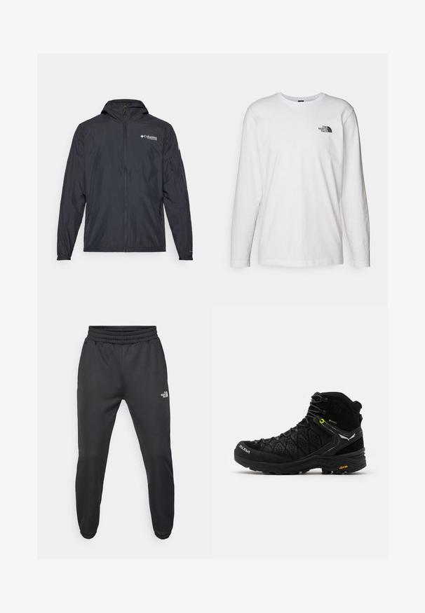 Giacca nera leggera con cappuccio, chiusura con zip e logo Columbia. Presenta una texture liscia e polsini elasticizzati per una vestibilità aderente.; T-shirt bianco a maniche lunghe in cotone con colletto rotondo. Presenta un piccolo logo nero sul petto. Texture liscia, vestibilità regolare.; Pantaloni sportivi neri con vita regolabile tramitecordino, vestibilità affusolata, polsini elasticizzati e un piccolo logo bianco sulla coscia sinistra, realizzati in tessuto morbido.; Stivale da escursionismo nero con parte superiore testurizzata, punta rinforzata e suola Vibram. Il sistema di allacciatura comprende ganci per una vestibilità sicura.