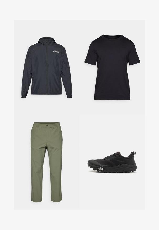 Viegls melns apģērbs ar kapuci, ar rāvējslēdzēja aizdari un Columbia logotipu. Iezīmē gludu tekstūru un elastīgus piedurkņu galus ciešai piegādei.; Melna T-kreklu, izgatavota no gludas auduma, ar apaļu kakla izgriezumu un īsām piedurknēm. Discreta zīmola apdruka melnā krāsā uz krūšu daļas.; Olīvu zaļas bikses, kas izgatavotas no viegla materiāla, ar elastīgu jostasvietu, pogu aizdari un taisnas kājas griezumu bez acīmredzamām rakstāmzīmēm.; Melnas taku skriešanas kurpes ar teksturētu virsu, gumijas zoli un pastiprinātu pirkstu daļu. Aprīkotas ar mīkstu apkakli un vilkšanas cilpu, lai viegli uzvilktu.