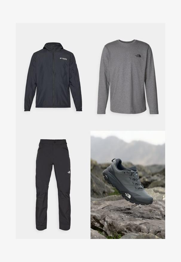 Veste légère noire avec capuche, fermeture éclair et logo Columbia. Présente une texture lisse et des poignets élastiques pour un ajustement près du corps.; The North Face M L/S SIMPLE DOME TEE - T-shirt à manches longues - medium grey heather; Pantalons d'extérieur noirs en matière synthétique avec une poche avant zippée, jambes fuselées et panneaux de genoux renforcés. Comprend une fermeture à bouton.; Chaussure de trail running grise avec un dessus texturé, semelle en caoutchouc durable et chaussure renforcée à l'avant. Comprend des lacets et un logo de la marque sur le côté.