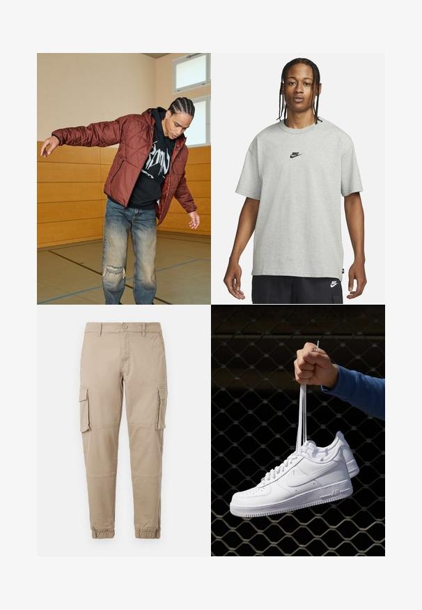 Bordo izdelan pufferski plašč s kapuco, v kombinaciji s črno grafično kapuco in raztrganimi modrimi kavbojkami. Ozadje ima lesene stene in tla.; Mlad človek z zasebnimi lasmi, oblečen v svetlo sivo majico Nike in črne kratke hlače Nike pred enostavno belo kuliso.; Bežne cargo hlače iz lahkega bombažnega materiala. Imajo elastične manšete, več stranskih žepov in gumbasto zapiranje.; Bela usnjena športna obutev s perforacijami, okroglo konico, ravnim podplatom in debelimi vezalkami, z vidnim logotipom smoosh in napisom "AIR" na peti.