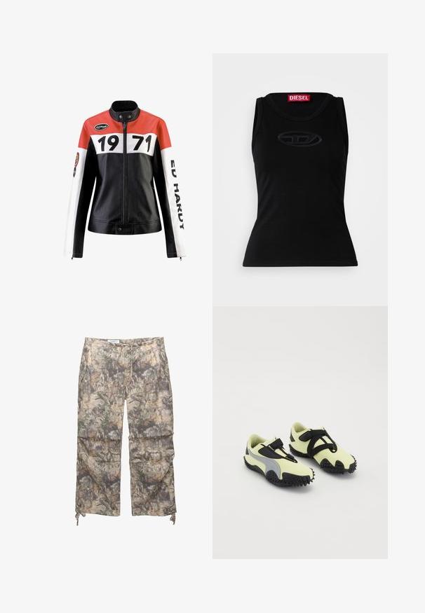 Skórzana kurtka w czerwono-biało-czarnym zestawieniu kolorystycznym; posiada wyraźne czarne cyfry "1971" oraz tekst "ED HARDY" na rękawach.; Czarny bezrękawnik wykonany z miękkiej bawełny, z subtelnym wytłoczonym logo na środku oraz czerwonym metką z logo w dekolcie.; Spodnie w wzór camouflage, wykonane z lekkiego materiału, z elastycznym pasem, bocznymi kieszeniami oraz regulowanymi sznurkami na kostkach.; Obuwie z jasnosłoneczną cholewką i czarnymi akcentami, z bezpiecznym paskiem i teksturowaną czarną gumową podeszwą. Zaprojektowane z myślą o przyczepności i wsparciu.