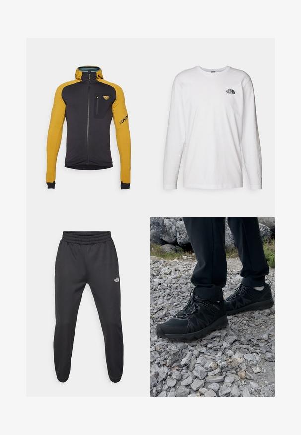 Dynafit RADICAL - Chaqueta de entrenamiento - tobacco; Camiseta de manga larga blanca de algodón con cuello redondo. Presenta un pequeño logotipo negro en el pecho. Textura suave, corte regular.; Pantalones deportivos negros con cintura ajustable mediante cordón, corte tapered, puños elásticos y un pequeño logo blanco en el muslo izquierdo, fabricados en tejido suave.; Zapatos exteriores negros con malla y material sintético, que presentan un upper texturizado, un sistema de cordones seguro y una suela robusta, sobre terreno rocoso.