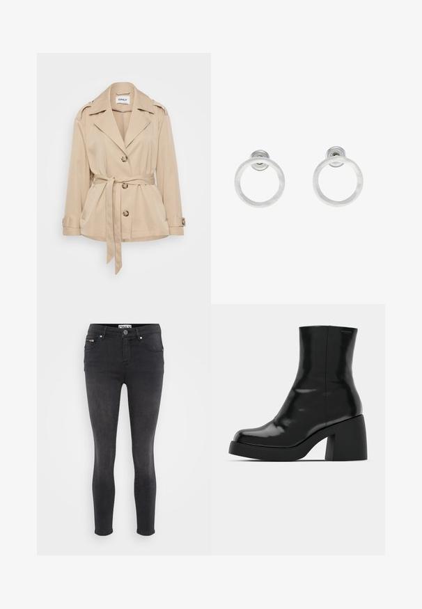 Bež trench coat, mille krae, nuppude kinnituse ja vöödiga vööl. Omab kahte eesmist taskut ja nööpidega mansette. Sujuv tekstuur.; Even&Odd Petite 3 PACK - Pikkade varrukatega topp - black/white/light green; Mustad mustad teksad. Ees on nööp sulgemine ja sirge tasku vööl. Sile tekstuur minimaalsete plekkidega.; Mustad mustad, läikiva viimistlusega, ruudukujulise varbaga ja paksu plokktallaga. Kujundus sisaldab sujuvat siluetti ja minimaalset brändimist.; Hõbedased metallist rõngastooted, millel on harjatud tekstuur, ümmargune disain ja selge tagumine post, tagamaks kindlat kandmist.