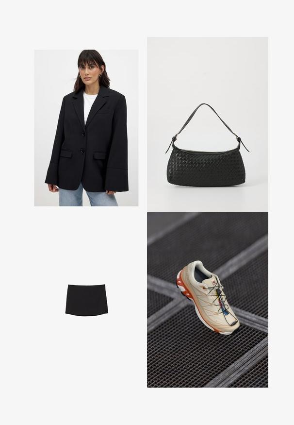 Frau trägt ein übergroßes schwarzes Blazer mit weiten Ärmeln über einem weißen Oberteil und hellblauen Jeans, steht vor einem schlichten Hintergrund.; Schwarzes langärmliges Oberteil mit einem strukturierten, offenen Maschenmuster, das einen weiten Rundhalsausschnitt und eine Krawattenverschluss am Rücken aufweist.; Schwarzer Minirock aus glattem, dehnbarem Stoff; mit geradem Schnitt, subtilem Saum und ohne sichtbare Verschlüsse oder Muster.; Beige Laufschuh mit orangefarbenen Akzenten, entworfen mit einem strukturierten Obermaterial, schwarzem Außensohlen und integriertem Schnürsystem. Verfügt über GORE-TEX-Branding.; Schwarze geflochtene Schultertasche mit einem glatten Ledertragegurt und Reißverschluss. Verfügt über eine strukturierte Oberfläche und eine gebogene Form.