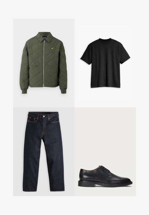 Olive green quilted jacket with a zip front, rounded collar, ribbed cuffs, and small yellow logo on the left chest.; Black cotton t-shirt with a crew neck and short sleeves. Features a subtle front logo and a straight hemline. Simple and minimalistic design.; Dark blue denim jeans with a straight cut, five pockets, contrasting orange stitching, and a button fly. No visible patterns or embellishments.; Black leather dress shoe with a round toe, lace-up design, and a low stacked heel. Smooth texture with minimal stitching details.