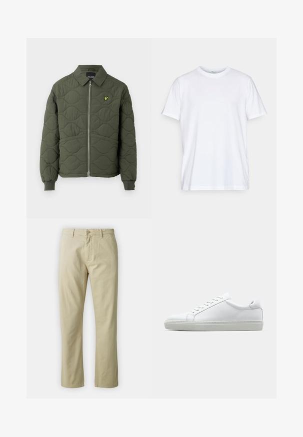 Zeleno-olivová prešívaná bunda so zipsom vpredu, zaobleným golierom, rebrovanými manžetami a malým žltým logom na ľavej hrudi.; Biela bavlnená tričko s krátkymi rukávmi, okrúhlym výstrihom a voľným strihom. Má minimalistický dizajn, bez vzorov alebo akcentov.; Béžové bavlnené nohavice so strihaťou rovného strihu, predným zapínaním na gombík a pútkami na opasok. Hladká textura, bez viditeľných vzorov alebo akcentov.; Biele tenisky s hladkým koženým zvrškom a nízkym profilom. Majú zaoblenú špičku, šesť očiek a štruktúrovanú gumovú podrážku.