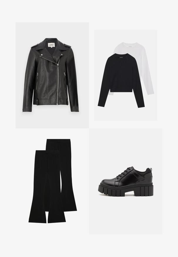 Casaco de motociclista em pele preta com colarinho em bico, fecho assimétrico na frente e bolsos laterais. Apresenta ferragens prateadas e um acabamento texturizado.; Duas camisas de manga longa: uma preta e uma branca. Ambas apresentam um decote redondo, mangas raglan e um tecido macio em mistura de algodão.; Calças pretas largas feitas de tecido elástico, com uma cintura alta e uma textura suave, apresentando um design ajustado que se alarga a partir do joelho.; Sapatos de plataforma em couro preto com um salto bloco robusto, bico redondo e design clássico de atacadores. Apresentam uma textura suave e detalhes mínimos.