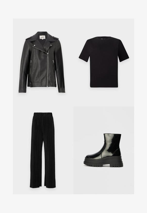 Black leather motorcycle jacket with a notched collar, asymmetrical zip front, and side pockets. Features silver hardware and textured finish.; Black short-sleeve t-shirt with a round neckline, crafted from soft cotton fabric. Simple design, no visible logos or patterns.; Black pleated trousers with an elastic waistband. Features wide legs and a smooth, textured fabric with vertical stripes.; Black glossy ankle boot with thick lug sole and rounded toe, side view on plain light gray background.