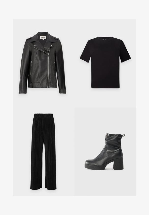 Veste de moto en cuir noir avec col cranté, fermeture éclair asymétrique à l'avant et poches latérales. Comprend des fournitures en argent et une finition texturée.; T-shirt noir à manches courtes avec un col rond, fabriqué en coton doux. Design simple, sans logos ni motifs visibles.; Pantalons plissés noirs avec une taille élastique. Présente des jambes larges et un tissu lisse texturé avec des rayures verticales.; Bottes noires à la cheville en cuir lisse, dotées d'une fermeture éclair sur le côté, d'un talon épais texturé et d'une conception à bout rond.