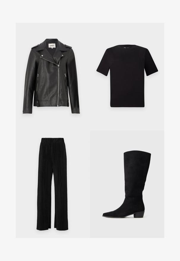 Jachetă de motocicletă din piele neagră, cu guler tăiat, fermoar asimetric în față și buzunare laterale. Prezintă accesorii argintii și un finisaj texturat.; Tricou scurt negru cu mânecă scurtă și guler rotund, realizat dintr-un material de bumbac moale. Design simplu, fără logo-uri sau modele vizibile.; Pantaloni negri plisati cu talie elastică. Prezintă picioare largi și un material neted, texturat, cu dungi verticale.; Botine negre din suede, până la genunchi, cu toc mic și vârf ascuțit, prezentate din lateral pe un fundal gri deschis uniform.