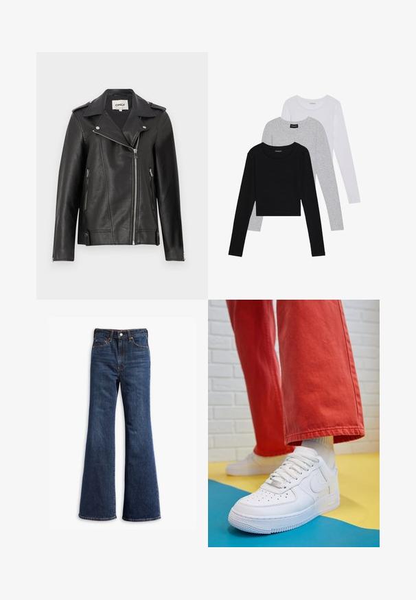 Veste de moto en cuir noir avec col cranté, fermeture éclair asymétrique à l'avant et poches latérales. Comprend des fournitures en argent et une finition texturée.; Trois hauts à manches longues empilés : noir, gris et blanc. Chacun a un col rond et un design court avec un tissu lisse et léger.; Jeans en denim bleu foncé taille haute avec jambes évasées, fermeture à boutons et zip à l'avant, et conception à cinq poches.; Baskets blanches en cuir avec une boîte à orteils perforée, semelle texturée et lacets blancs, associées à un large pantalon rouge et un fond bleu et jaune.