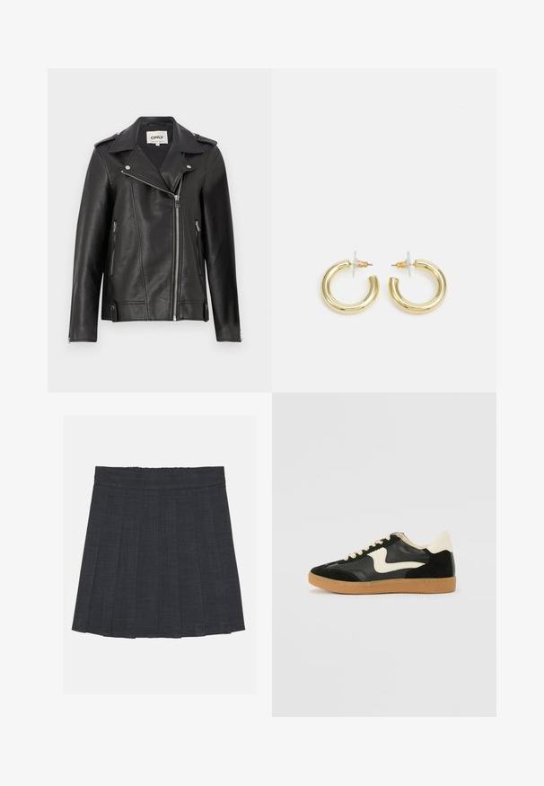 Zwarte leren motorjack met een gesneden kraag, asymmetrische ritssluiting aan de voorkant en zijzakken. Kenmerkt zich door zilveren hardware en een gestructureerde afwerking.; Gina Tricot SOFT TOUCH CROPPED TOP - Longsleeve - pristine; Donkergrijze plisséstofrok met een elastische tailleband, gekenmerkt door een gestructureerde stof en een klassieke A-lijnsilhouet. Geschikt voor casual gebruik.; Zwarte suède en leren sneaker met een crèmekleurige zij-swoosh en lichte crèmekleurige hiel. Voorzien van beige veters en een gumrubberen zool.; Gouden creolen met een gladde, glanzende afwerking. Circulaire vormgeving met een kleine post en een doorzichtige achterkant voor een veilige draagervaring.