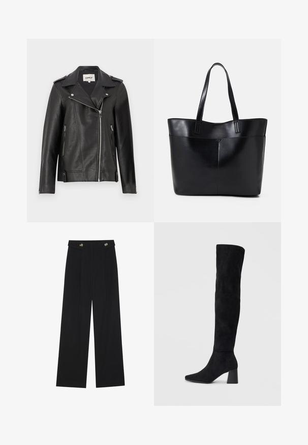 Čierna kožená motorkárska bunda s výstrihom, asymetrickým zipsom vpredu a bočnými vreckami. Obsahuje strieborné kovanie a textúrovaný povrch.; Čierny top s dlhými rukávmi, flitrovanými manžetami, mäkkou textúrou a voľným strihom, s jednoduchým okrúhlym výstrihom.; Čierne široké nohavice s vysokým pásom, so zapínaním na gombíky na páse a prednými sklady.; Čierna semišová kozačka po kolená s blokovým podpätkom, špicatou špičkou a hladkým, bezšvovým dizajnom na jednoduchom svetlom pozadí.; Čierna kožená tote taška s dvoma dlhými rúčkami, hladkým povrchom a štruktúrovaným tvarom. Obsahuje prednú kapsu pre dodatočné uskladnenie.