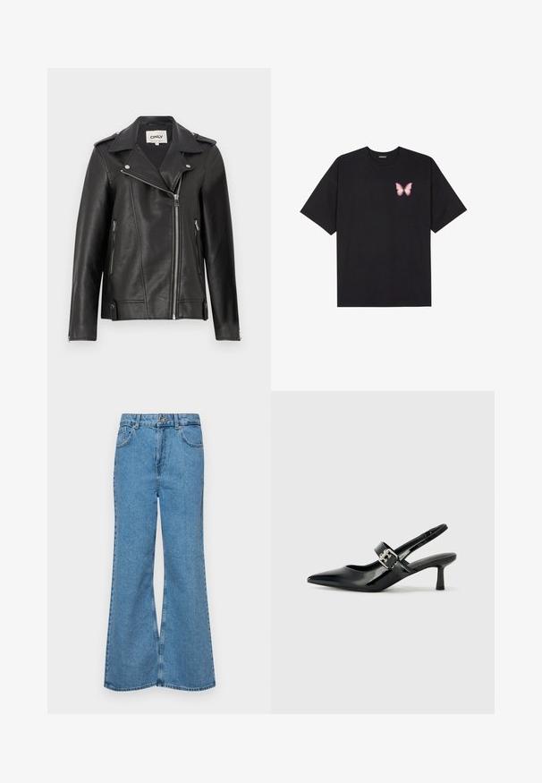 Svart lädermotorcykeljacka med en skålad krage, asymmetrisk dragkedja fram och sidofickor. Utrustad med silverdetaljer och texturerad finish.; Svart bomullströja med korta ärmar, med en liten rosa fjärilsgrafik på vänster bröst. Rundad halsdesign med en avslappnad passform.; Ljust blå vida jeans i denim, med hög midja, fem fickor och en enda knappstängning. Mjuk textur med blekt finish.; Svarta patentläder slingback-klackar med spetsig tå och en liten blockklack, med en silvrig spänneaccent på remmen.