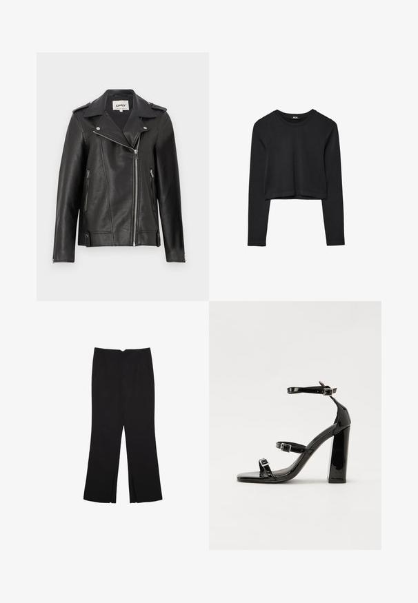 Sort lædermotorcykeljakke med klippet krave, asymmetrisk lynlåsfortil og sidelommer. Har sølvfarvede detaljer og tekstureret overflade.; Sort langærmet cropped top med rund halsudskæring, ensfarvet design og let buet kant.; Sorte bukser med lige pasform, der har frontlommer og slidser i kanten. Lavet af blødt, glat stof. Velegnet til forskellige anledninger.; Sorte laklædersandaler med høje hæle, to spænderemme, firkantet tå og en kraftig blokhæl, der har en glat, blank overflade.