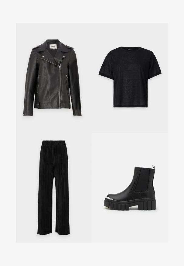 Melnas ādas motocikla jaka ar izgrieztu apkakli, asimetrisku rāvējslēdzēju priekšpusē un sānu kabatām. Iespējas ar sudraba detaļām un teksturētu apdari.; Melnas īsā piedurkņu T-kreklis ar brīvu piegriezumu, ar gludu tekstūru un apaļu kakla izgriezumu. Viegls audums ar smalku spīdumu.; Melni plīšu bikses ar elastīgu jostu. Tām ir platākas kājas un gluda, teksturēta auduma ar vertikālām svītrām.; Melnas potītes botas, izgatavotas no gludas ādas, ar elastīgām paneļām, biezu platformas zoli un metalizētu purngali.