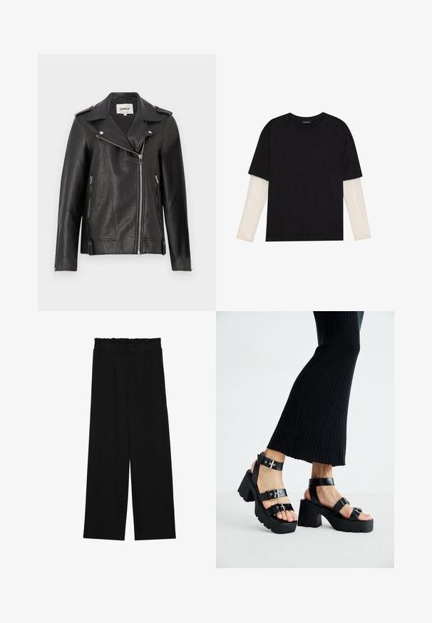 Svart lær motorsykkeljakke med utskjært krage, asymmetrisk glidelås foran og sidelommer. Har sølvfargede detaljer og teksturert finish.; Svart T-skjorte laget av bomull, med korte ermer over et hvitt langermet lag med en subtil teksturert mønster. Rund hals design.; Svarte vide bukser med rynket liv, med to sidelommer og et glatt, lett stoff. Ingen synlige mønstre eller metalldeler.; Sorte plattformsandaletter med kraftige såler og flere stropper, med metallspenner og en jevn lær-lignende tekstur.