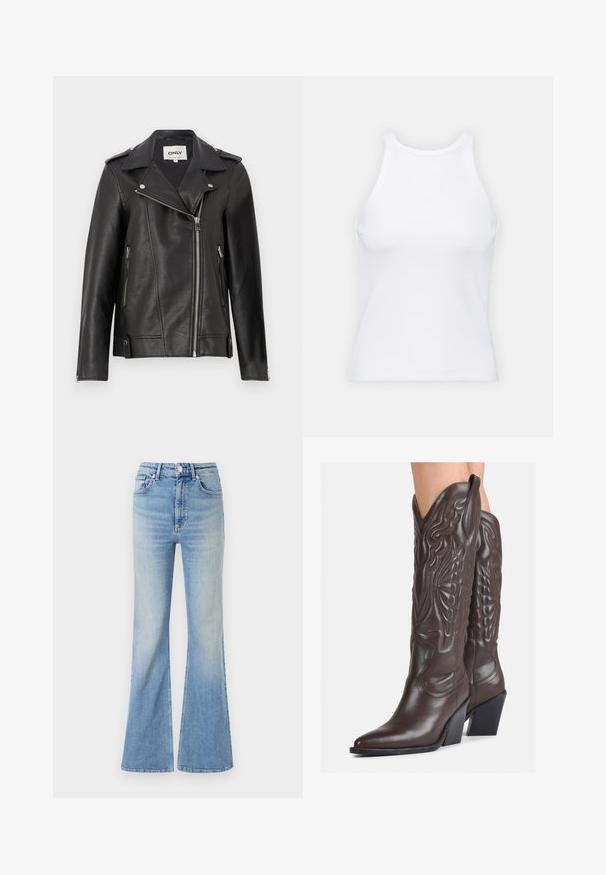Fekete bőr motoros dzseki, nyakkivágással, aszimmetrikus cipzárral elöl és oldalzsebekkel. Ezüst színű kiegészítők és texturált felület jellemzi.; Fehér ujjatlan trikó ribbed anyagból, lekerekített nyakkivágással és testhez simuló siluettel, minimális varrásokkal és díszítések nélkül.; Világoskék, bő szabású farmernadrág, magas derekú, öt zsebes dizájnnal, amelynek alja fokozatos elhalványulással rendelkezik.; Barna bőr cowboy csizmák hegyes orral és blokk sarkal, részletes varrással és kiemelkedő díszítésekkel a szárán.