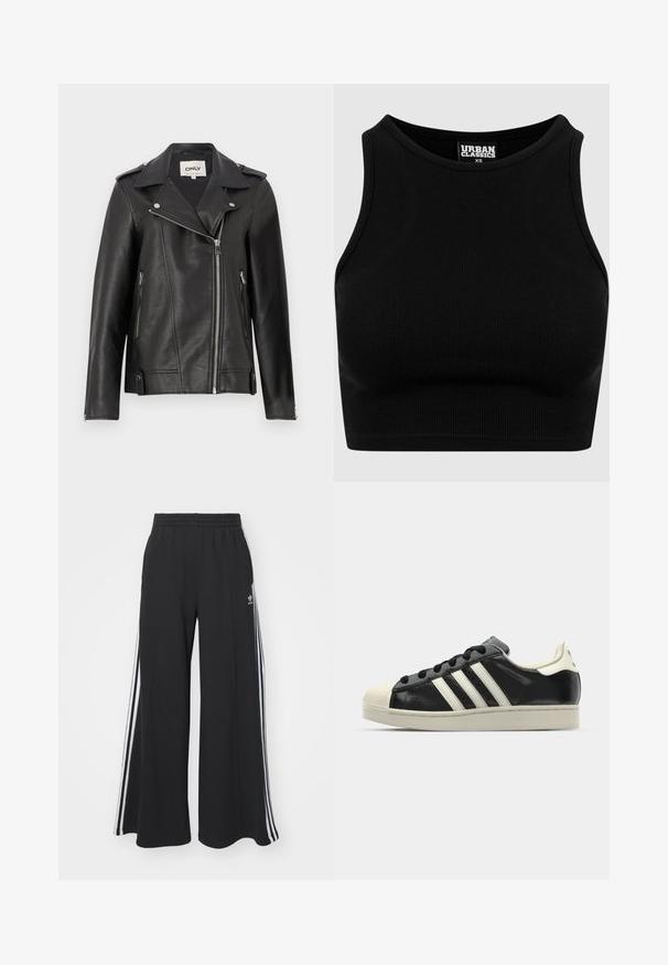 Giacca da moto in pelle nera con colletto a ferretto, zip frontale asimmetrica e tasche laterali. Presenta hardware argentato e finitura testurizzata.; Top corto nero a coste con scollo rotondo e design senza maniche. Realizzato in un tessuto elastico e testurizzato. Etichetta con la scritta "Urban Classics."; Pantaloni in felpa neri a gamba larga con vita elastica, dotati di strisce bianche sui lati e un logo ricamato sulla coscia sinistra.; Sneaker in pelle nera con strisce bianche, punta in gomma, lacci neri e suola di colore crema. Texture liscia con finitura brillante.