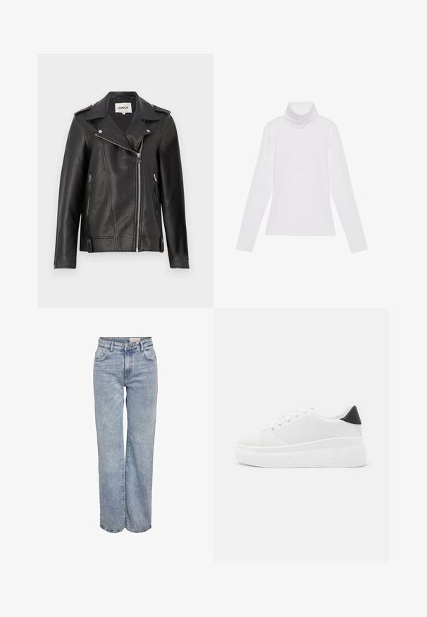 Black leather motorcycle jacket with a notched collar, asymmetrical zip front, and side pockets. Features silver hardware and textured finish.; White long-sleeve turtleneck top made of smooth, stretchy fabric. Features a high collar and fitted design, with no visible patterns or embellishments.; Light blue wide-leg jeans made from denim, featuring a high waist, five-pocket design, and subtle fading for a worn-in look.; White platform sneakers made of smooth synthetic material, featuring a rounded toe, lace-up design, and a textured rubber sole. Black heel accent.