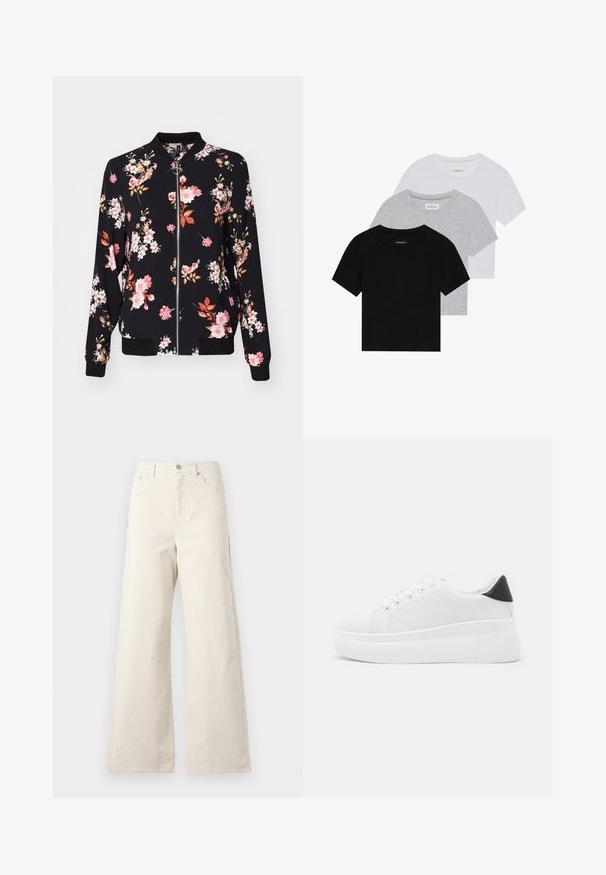 Fekete anyagú bomber dzseki virágmintával, rózsaszín, fehér és narancssárga virágokkal; bordás mandzsetták, gallér és derékpánt; elülső cipzáras záródás.; Három rövidujjú póló készlet fekete, szürke és fehér színben. Pamutból készült, kerek nyakú, egyszerű, egyszínű dizájnnal.; Beige színű, bő szárú pamut nadrág, elöl gombos záródással, oldalsó zsebekkel és sima textúrával. Minimalista dizájn, minták nélkül.; Fehér platform sportcipők sima szintetikus anyagból, lekerekített orral, fűzős kialakítással és texturált gumitalppal. Fekete sarokdísz.