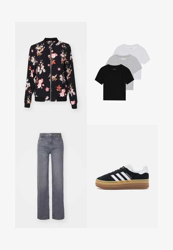 Bomber-jakke i sort stof med blomstermønster, der har pink, hvide og orange blomster; ribbede manchetter, krave og talje; lynlåslukning foran.; Kolm lyhythihaista t-paitaa mustana, harmaana ja valkoisena. Valmistettu puuvillasta, jossa on pyöreä kaula-auko ja yksinkertainen, tasavärinen muotoilu.; Harmaat leveät farkut, jotka on valmistettu sileästä denim-kankaasta. Niissä on nappi- ja vetoketjukiinnitys sekä viisi taskua.; Mustat samettiset tennarit valkoisilla yksityiskohdilla ja kolmella raidalla, joissa on teksturoitu valkoinen kantapää, kumipohja ja "Gazelle" -merkintä.