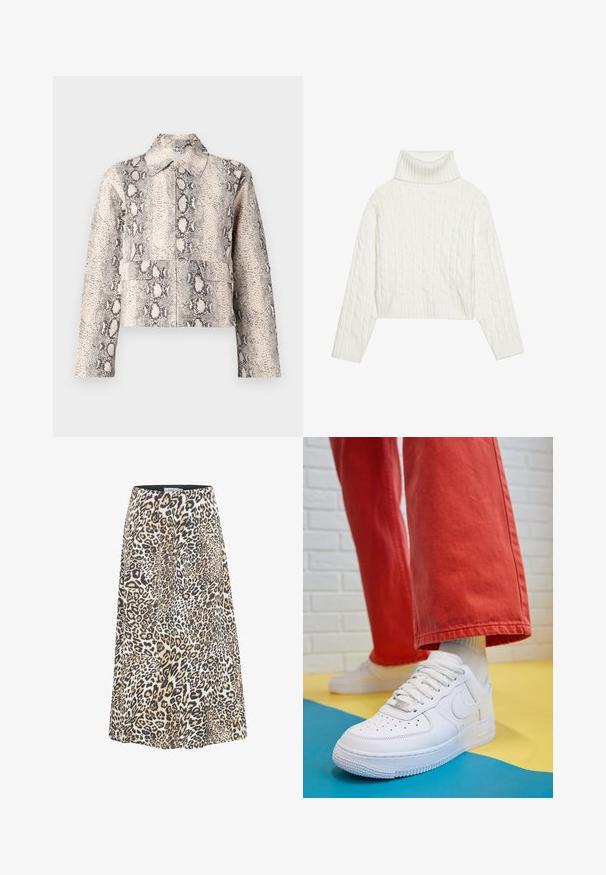 Cropped jacket in beige and black snake print. Features a collar, front zip closure, and two front pockets. Textured fabric.; White cable-knit turtleneck sweater with a cropped silhouette, featuring ribbed cuffs and hem. Soft texture with a cozy, chunky design.; Leopard print skirt with a flared design, featuring shades of tan, black, and cream. Made from soft, lightweight fabric with a waistband.; White leather sneaker with perforated toe box, textured sole, and white laces, paired with wide red pants and a blue and yellow background.