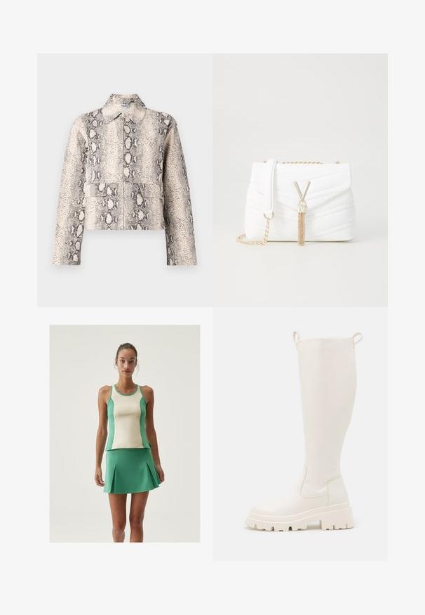 Zwięzła kurtka w beżowym i czarnym wzorze węża. Posiada kołnierz, zamek błyskawiczny z przodu i dwie kieszenie na froncie. Teksturowany materiał.; Biała bluzka z długim rękawem, wykonana z miękkiej, gładkiej tkaniny. Posiada okrągły dekolt i dopasowany krój z minimalnymi detalami w szwach.; Zielony i kremowy sportowy top na cienkich ramiączkach, w komplecie z dopasowaną zieloną spódnicą plisowaną. Gładka faktura, dopasowany krój.; Kalosze białe do kolan z grubą podeszwą i elastycznymi panelami po bokach. Posiadają uchwyty na górze dla łatwiejszego zakładania. Gładka tekstura.; Biała torebka z pikowanej tkaniny z klapą, złotym łańcuchem oraz charakterystycznymi złotymi elementami, w tym akcentem w kształcie "V" i detalem w postaci frędzla.