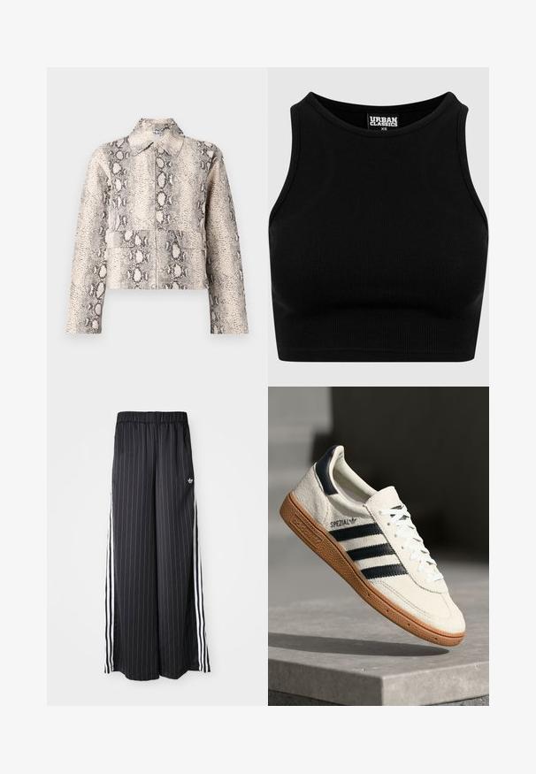 Jachetă scurtă în imprimeu de șarpe bej și negru. Prezentă cu guler, închidere prin fermoar frontal și două buzunare frontale. Țesătură texturată.; Top cropt de culoare neagră, cu textură rib-altă, guler rotund și fără mâneci. Fabricat dintr-un material elastic, texturat. Eticheta indică "Urban Classics."; Pantaloni negri cu picioare largi, dungi verticale albe, talie elastică și trei dungi albe pe lateral. Logo-ul Adidas în față.; Sneakers albe din suede cu dungi bleumarin, talpă din cauciuc, suprafață texturată, bot rotund și șireturi; prezintă brand pe lateral și pe limbă.